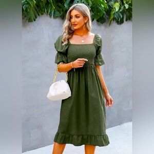 NWT S-XL Cotton Square Neck Short Sleeve Solid green knee length Dress